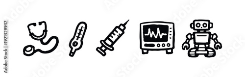 Medical Healthcare and Robotic Technology Icons Set in Doodle Style