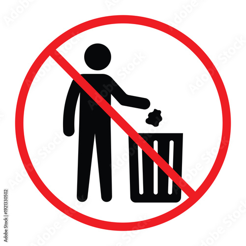 No littering prohibition sign showing a person throwing trash into a bin crossed by a red circle and diagonal line. Simple black pictogram on light background, ideal for public notice, hygiene and saf