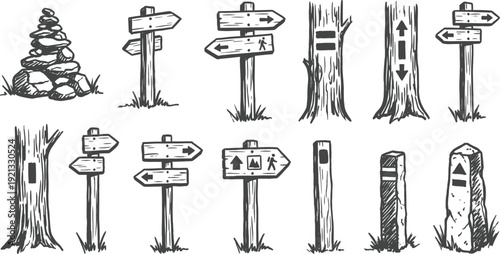 Hiking trail markers rustic hand drawn vector set