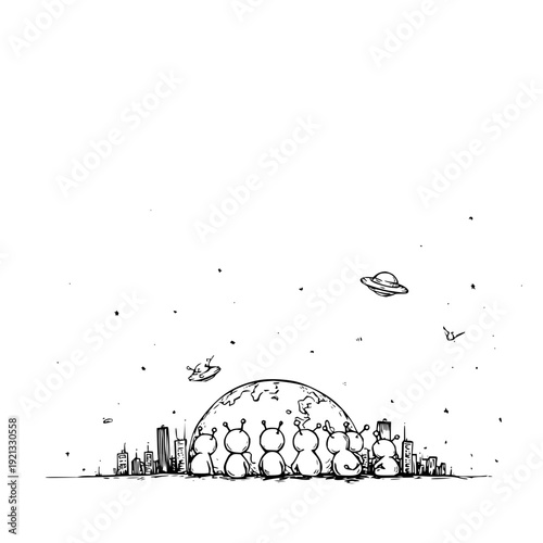 Alien creatures watching earth from city skyline with spaceships flying by in the night sky