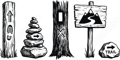 Hiking trail markers rustic hand drawn vector set