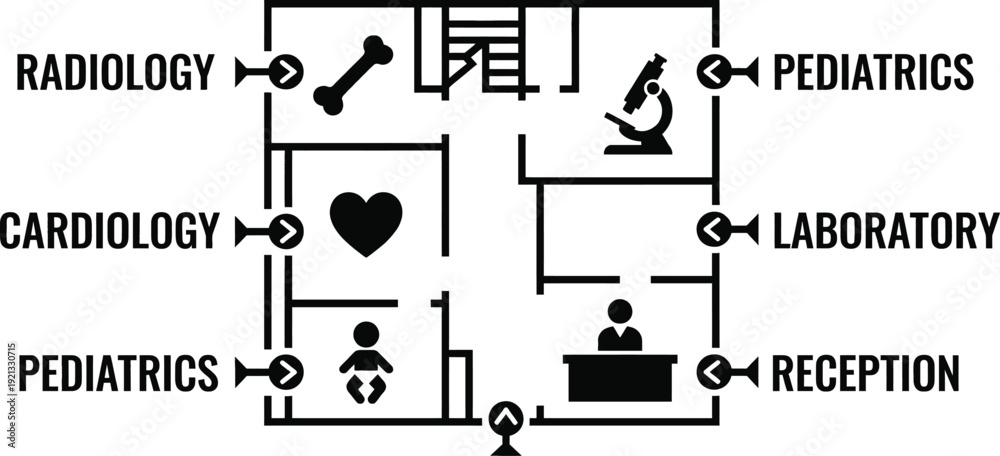 Fototapeta premium Wayfinding signage in a minimalist hospital corridor interior