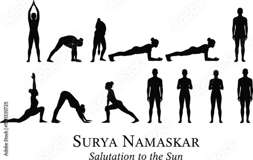 Surya Namaskar yoga sequence silhouettes with male and female figures demonstrating Sun Salutation poses flow, full body stretching routine vector illustration isolated on white background