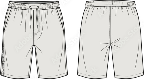 Men's athletic drawstring shorts front and back view, casual sportswear line art illustration isolated on white background