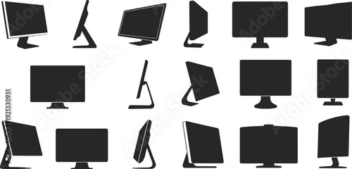 Computer monitor silhouette collection, modern desktop display screen set, black flat vector illustration isolated on white background technology concept