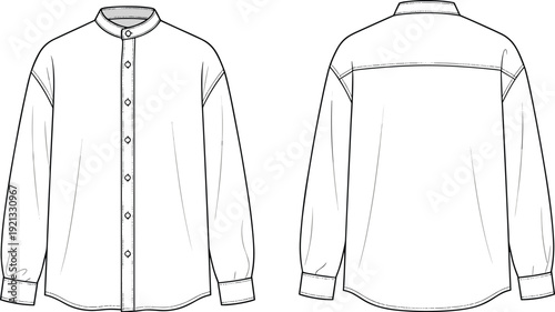 Men's long sleeve band collar shirt front and back view, minimalist fashion line art illustration isolated background