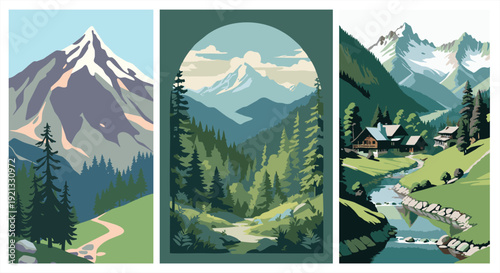 Set of three mountain landscape posters. Modern flat vector of snow-capped peaks, pine forests, and alpine meadows.