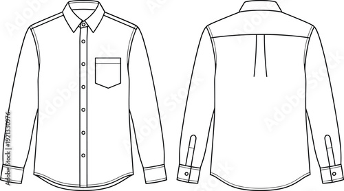 Men's long sleeve button down shirt front and back view, classic fashion line art illustration isolated background
