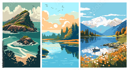 Set of three nature landscape posters. Modern flat vector illustration of rocky coasts, rivers, and snowy mountains