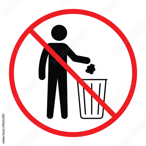 No littering prohibition sign showing a person throwing trash into a bin crossed by a red circle and diagonal line. Simple black pictogram on light background, ideal for public notice, hygiene and saf