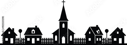 Village skyline silhouette with church steeple, houses and picket fence, traditional European town cityscape vector illustration isolated on white background