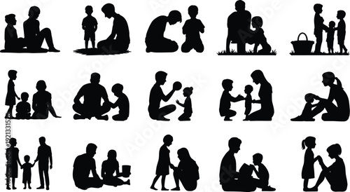 Family bonding silhouettes collection, parents and children together moments, love care support parenting scenes, black vector illustration isolated on white background