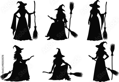 Witch silhouettes collection with broomstick and pointed hat in various poses, Halloween spooky female character vector illustration isolated on white background