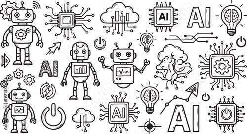 Collection of ai robots symbols and icons on transparent background for technology concepts