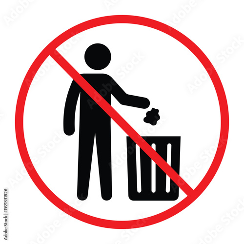 No littering prohibition sign showing a person throwing trash into a bin crossed by a red circle and diagonal line. Simple black pictogram on light background, ideal for public notice, hygiene and saf