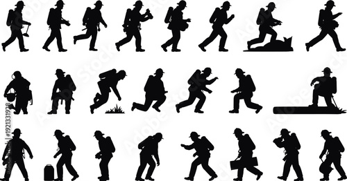 Firefighter silhouettes collection, fireman emergency rescue action poses set, black vector illustration isolated on white background firefighting service concept