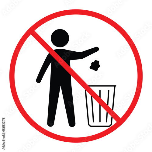 No littering prohibition sign showing a person throwing trash into a bin crossed by a red circle and diagonal line. Simple black pictogram on light background, ideal for public notice, hygiene and saf