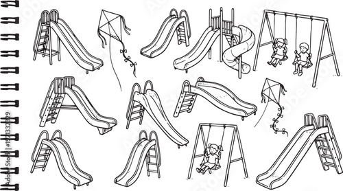 Collection of various playground slides and swings on transparent background