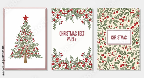 Whimsical Christmas Greeting Card Designs with Festive Botanical Elements and Tree