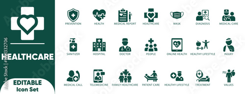 Healthcare Solid icon set. health, prevention, medical, Containing treatment, report, diagnosis, illness, and Solid vector