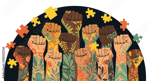 Diverse Raised Fists with Floral Patterns and Puzzle Pieces Symbolizing Unity and Inclusion