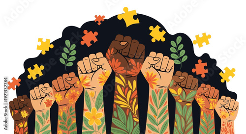 Diverse raised fists with floral patterns and puzzle pieces symbolizing unity and awareness