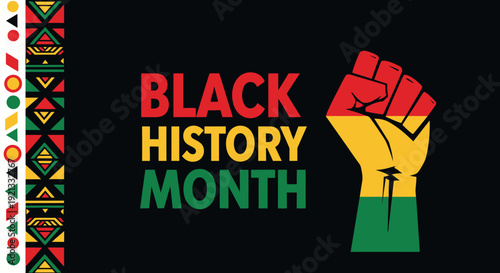 Black History Month raised fist and colorful geometric pattern celebration