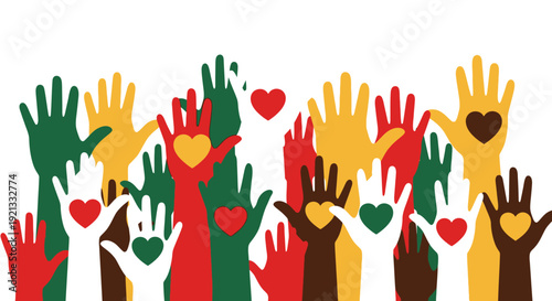 Diverse Hands Raised in Celebration with Hearts, Symbolizing Unity, Diversity, and Love