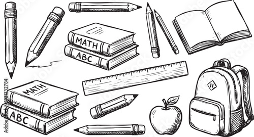 School supplies and books isolated on transparent background for education concepts