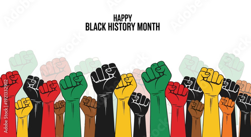 Raised Fists in Red, Black, Green, Yellow, and Brown for Black History Month