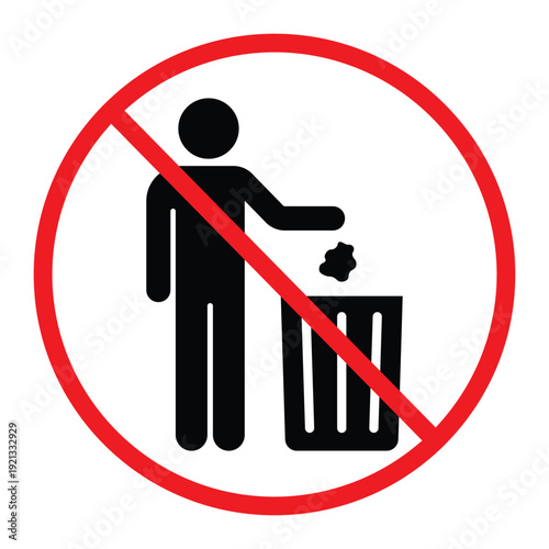 No littering prohibition sign showing a person throwing trash into a bin crossed by a red circle and diagonal line. Simple black pictogram on light background, ideal for public notice, hygiene and saf