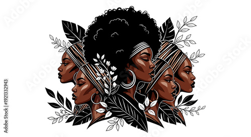 African Women's Beauty and Culture, Afro Hair, Head Wraps, and Tropical Leaves