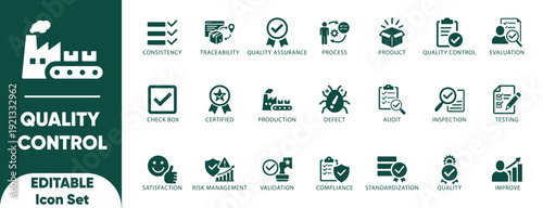 Quality control Solid icon set. evaluation, product, process, assurance, quality, testing, Containing inspection,and Solid vector.