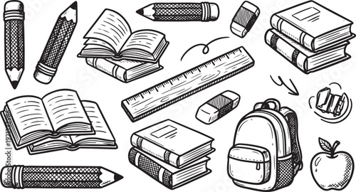 Black and white illustration of school supplies on transparent background