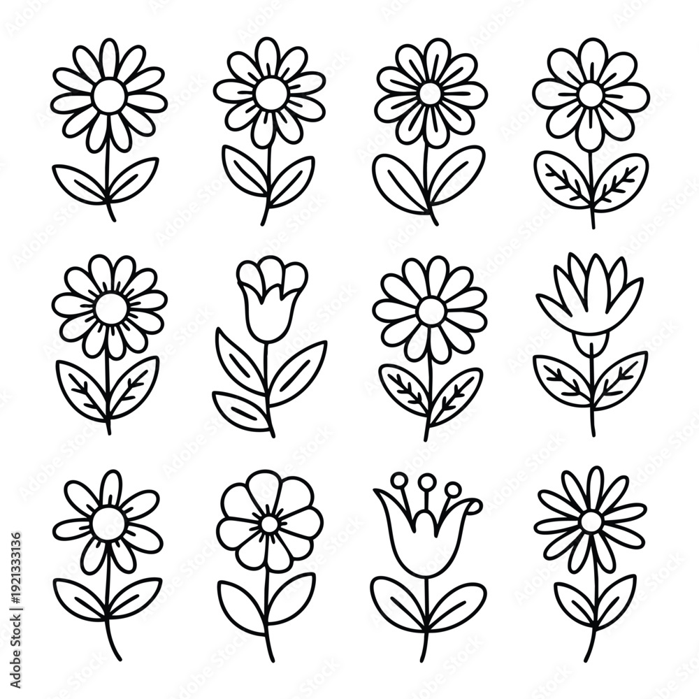 Obraz premium Twelve hand drawn simple black line flowers with stems and leaves arranged in a grid on a white background Keywords: flower
