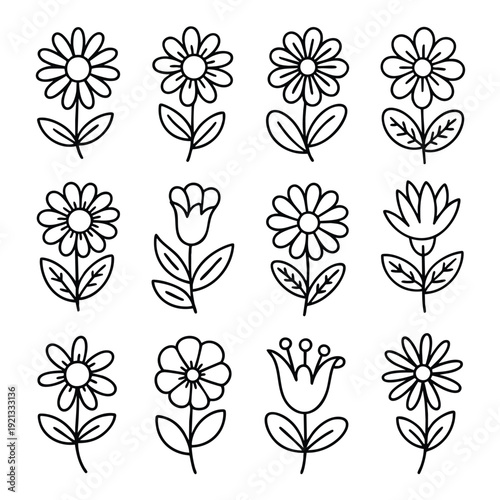 Twelve hand drawn simple black line flowers with stems and leaves arranged in a grid on a white background Keywords: flower