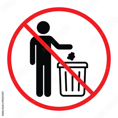 No littering prohibition sign showing a person throwing trash into a bin crossed by a red circle and diagonal line. Simple black pictogram on light background, ideal for public notice, hygiene and saf