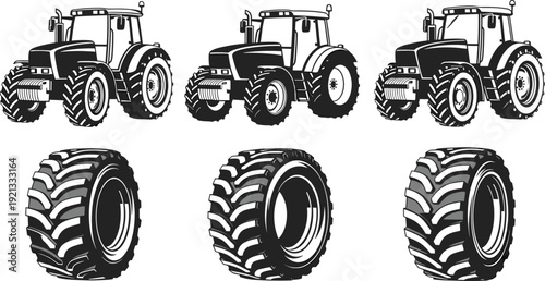 Vector illustration set of heavy duty agricultural tractor silhouettes and isolated large rubber tires with deep tread for farming machinery and industrial transport design