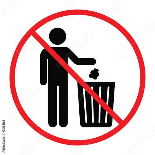 No littering prohibition sign showing a person throwing trash into a bin crossed by a red circle and diagonal line. Simple black pictogram on light background, ideal for public notice, hygiene and saf