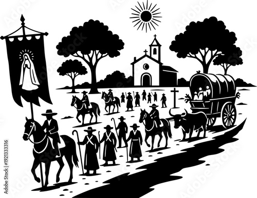 Traditional religious pilgrimage illustration. People on horses and walking with a wagon and Virgin Mary banner towards a village church.