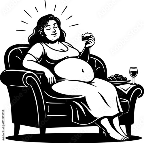 Happy woman relaxing on a sofa after eating. Illustration of comfort, satiety, and body positivity with a glass of wine and snacks on the side.