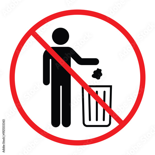 No littering prohibition sign showing a person throwing trash into a bin crossed by a red circle and diagonal line. Simple black pictogram on light background, ideal for public notice, hygiene and saf