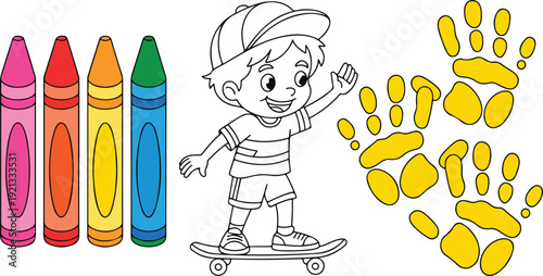 Cute boy skateboarding with colorful crayons and handprints cartoon kids creative activity vector illustration collection set
