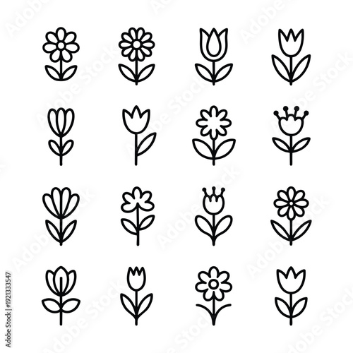 Sixteen simple black outline of various flowers including tulips and daisies on a white background Keywords: flower, floral