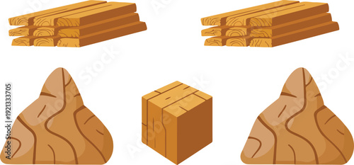 Construction materials collection vector illustration featuring wooden planks, sand pile, and cardboard boxes isolated industrial set