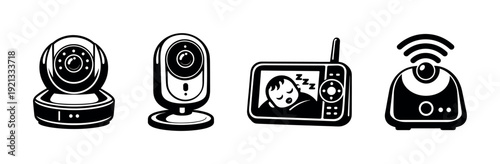 Video monitoring devices vector icons set. baby monitors, security system symbols