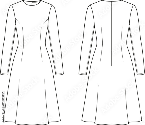 Women's long sleeve flared midi dress front and back view, elegant fashion line art illustration isolated background