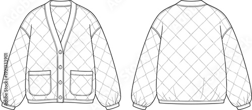 Women's quilted cropped cardigan jacket front and back view, casual fashion line art illustration isolated background