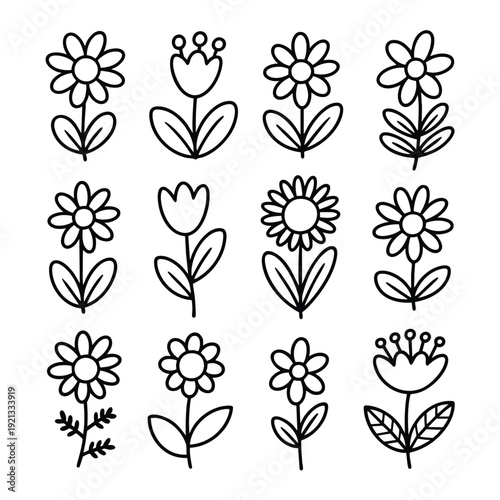 Twelve Simple Outline Flower Including Daisies and Tulips on a White Background stems