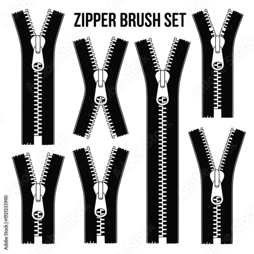 A collection of black zipper illustrations arranged in various abstract shapes